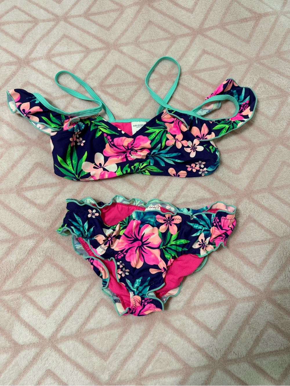 Girls sz 10/12. Arizona Jean Co. Navy blue Floral Bikini with Pink & Teal.